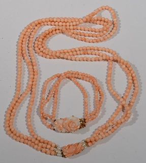 NO CREDIT CARDS FOR JEWELRY  Two piece pink coral set, triple strand necklace with matching bracelet having 14 karat gold cla