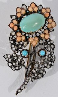 NO CREDIT CARDS FOR JEWELRY  18 karat gold flower brooch mounted with large oval turquoise surrounded by coral and rose cut d