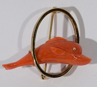 NO CREDIT CARDS FOR JEWELRY  14 karat gold oval pin, mounted with coral dolphin.  dolphin length 1 1/2 inches  Credit card pa