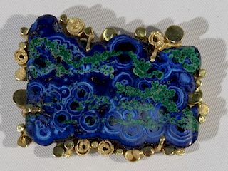 NO CREDIT CARDS FOR JEWELRY  18 karat gold custom brooch mounted with azurite malachite stone.   height 2 inches  total weig.