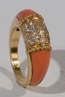 NO CREDIT CARDS FOR JEWELRY Van Cleef & Arpel 18 karat gold ring set with twenty-four diamonds flanked by coral, marked V.C.A
