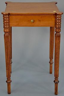 Sheraton one drawer stand with turret corners, set on turned and fluted legs. 
height 28 inches, top: 17 3/4" x 18 1/2" 
Prov