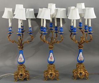 Set of three Sevres type candelabra, five lights each with brass bases, electric.   total height 33 inches, width 11 1/2 inch