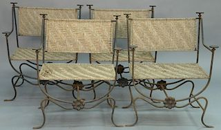 Set of four iron Italian Campaign chairs with woven seats and backs (one seat as is, two seats with imperfections).  seat hei