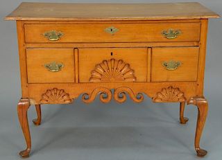 Queen Anne maple and tiger maple highboy base having one drawer over one drawer with highly fan and pierce carved skirt, set