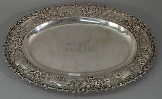 S. Kirk & Sons sterling silver oval tray with repousse scenic border with buildings, wagon, trees, and flowers (monogrammed,