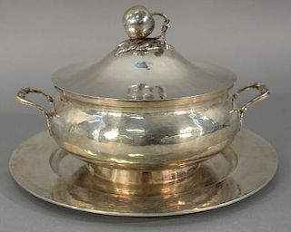 Portuguese silver three piece tureen with cover and underplate (one leaf is off of top, but available).   plate: diameter 12