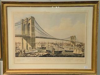 Currier & Ives  hand colored lithograph "The Great East River Suspension Bridge" connecting the cities of New York & Brooklyn