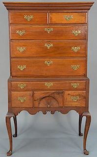 Queen Anne walnut highboy in two parts, upper portion with flat top having cornice molding over two short drawers over three 