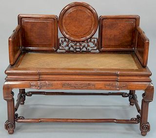 Chinese hardwood bench having burlwood panels and woven seat with custom cushion. 
height 36 inches, width 41 inches, depth 2