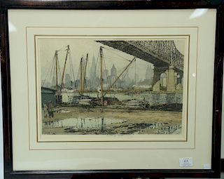 Luigi Kasimir (1881-1962) 
color etching aquatint 
Queensborough Bridge New York April 1936 
pencil signed bottom center: Lui