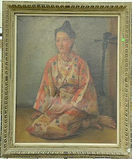 Oil on canvas  Japanese portrait of a female in robe written lower right Okinawa 1950  signed lower right illegibly: A