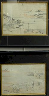 Group of five Asian watercolor on paper to include a set of three small double page landscapes, Japanese woodblock of a samur