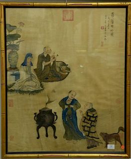 Chinese painted silk of immortals and animals, late 19th century, having several family seal marks. 
height 31 inches, width