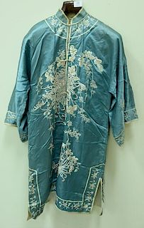 Silk embroidered robe with matching pants and vest having turquoise ground with white and pink embroidered flowering lotus fl