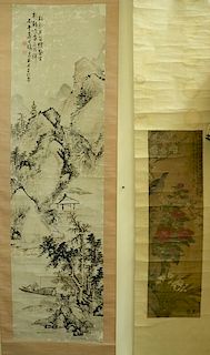 Two Oriental scrolls, watercolor on paper of flowering tree with a bird, signed top right and having multiple seal marks alon