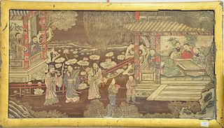Chinese carved wood and painted framed panel depicting men at temples