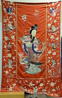 Large Chinese silk embroidered panel having large embroidered geisha in the center with embroidered scholars around exterior