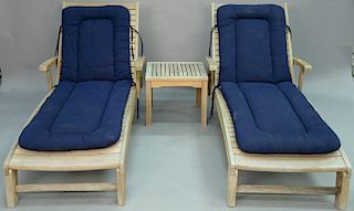 Three piece ScanCom teak furniture to include a pair of lounges with cushions and small table