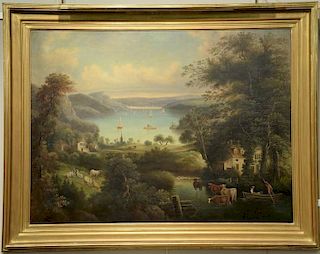 Oil on canvas landscape Hudson River Valley Area, depicting farm animals and houses overlooking river with paddle wheeler and