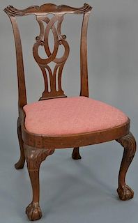 Chippendale mahogany side chair with pierce carved splat over balloon slip seat on carved cabriole legs ending in ball and cl
