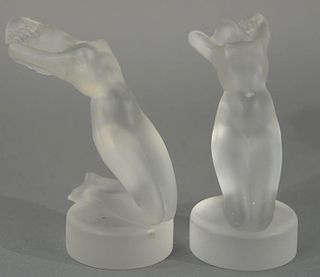 Two Lalique "Chrysis" French frosted glass hood ornaments or mascot, nude female on her knees with arched back and flowing ha