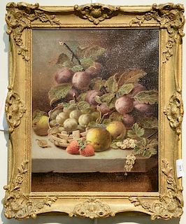 Oliver Clare (1853-1927)  oil on canvas still life of fruit  Plums, Apples, and Strawberries  signed lower right: Oliver Clar