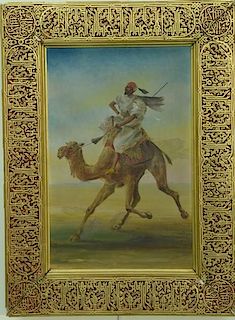 Orientalist oil on canvasCamel with Middle Eastern Ridersigned illegibly lower right: G. M. ?in gilt Moorish or Orientalist A