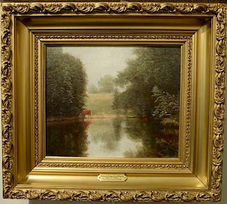 Nelson Augustus Moore (1824-1902)  oil on canvas  "The Covered Pond"  signed lower left: N. A. Moore  10 3/4" x 12 1/4" Pr...