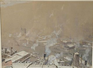 Joseph Pennel (1857-1926)  gouache on paper  New York Harbor  signed lower left: J. Pennell  old Wadsworth Antheneum lable <.