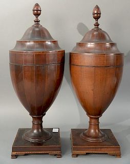 Pair of Federal style inlaid urn knife boxes having geometric string inlaid decoration and acorn finial over urn form body on