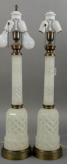 Pair of clam broth table lamps with enamel decoration.   total height 29 inches   Provenance: The Estate of Thomas F Hodgman.