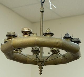 Unusual hanging oil lamp with ten oil fonts, all attached to ten sided 3 inch tubing, 19th century.   height 24 inches, width