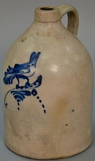Stoneware jug, 2 gal with cobal bird on stand.   height 14 inches