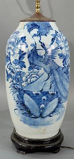 Chinese blue and white meiping form vase, painted with phoenix bird and flower design having reduced neck and made into a tab