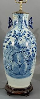 Chinese blue and white Meiping form vase, painted with phoenix bird and flowers, reduced neck made into table lamp.   vase he