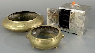 Group of three pieces to include a Chinese shallow brass bowl, a Chinese brass censer with seal mark on bottom, and a Japanes