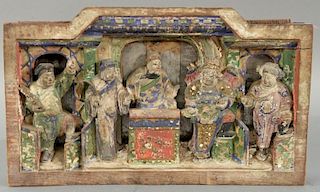 Carved Chinese figural plaque, polychromed and painted, having five figures and mirrored back, probably 18th century.  8 3/4"