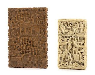 Two Chinese Export Carved Card Cases, Height of first 3 3/4 inches.