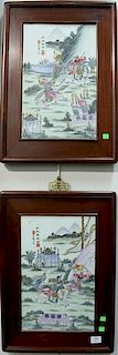 Pair of Chinese porcelain plaques depicting warriors in landscape in a hardwood frame. 
sight size: 16 1/2" x 10 1/2"