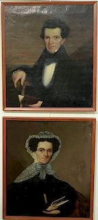 Pair of oil on canvas primitive portraits, man and woman, early 19th century (relined). 
30" x 26" 
Provenance: 
Being sold t