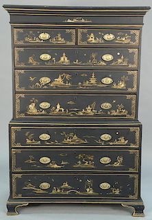 George II chest on chest in two parts with japanned decoration, set on bracket feet, 18th century.   height 72 1/2 inches, wi