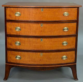 Federal mahogany bowed front chest with tiger maple drawer fronts, all set on flared French feet, circa 1790. 
height 38 inch