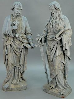 Pair of zinc hollow religious garden figures, life size, on metal bases, late 19th to early 20th century. 
height 71 1/2 inch