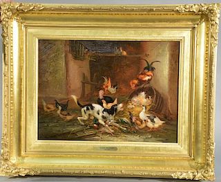 Claude Guilleminet (1821-1860)  oil on canvas  Barnyard Dog Scaring the Roosters  signed lower left: Guilleminet  remnants o.