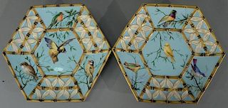 Set of sixteen plates with raised bamboo, leaves, and various hand painted birds, marked: James Green and Nephew Queen Victor