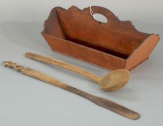 Three piece lot to include knife tray with scalloped top and dovetail corners, wooden spoon marked: Charles M. Taintor Colche