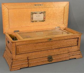 Pallard cylinder music box in birdseye maple case with one drawer.   height 12 1/2 inches, width 33 inches, cylinder: 17 inch
