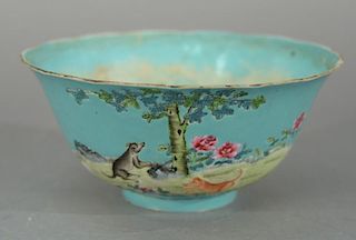 Chinese famille rose enamelled porcelain bowl having turquoise ground, depicting animals in a landscape; with retrospective J