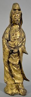 Chinese gilt bronze figure of a standing guanyin draped in a robe (one hand missing).   height 15 inches